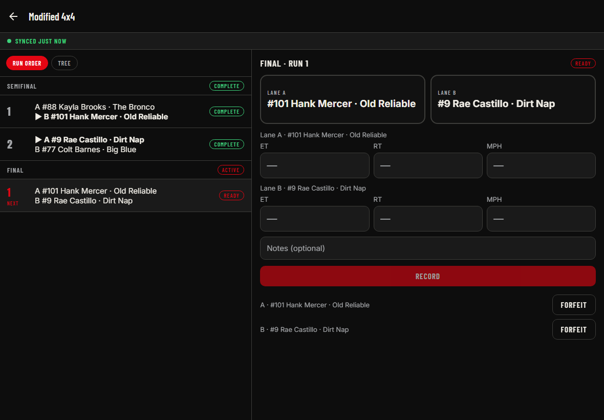 The RaceDrops line app recording a run result with two lane buttons