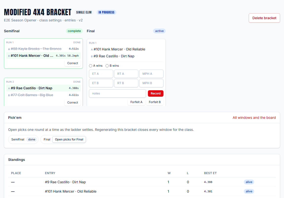 The RaceDrops track portal showing a live single-elimination bracket with results being entered